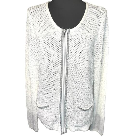 Laura Ashley large ladies white open knit silver sequent pocket zip cardigan - Picture 1 of 10